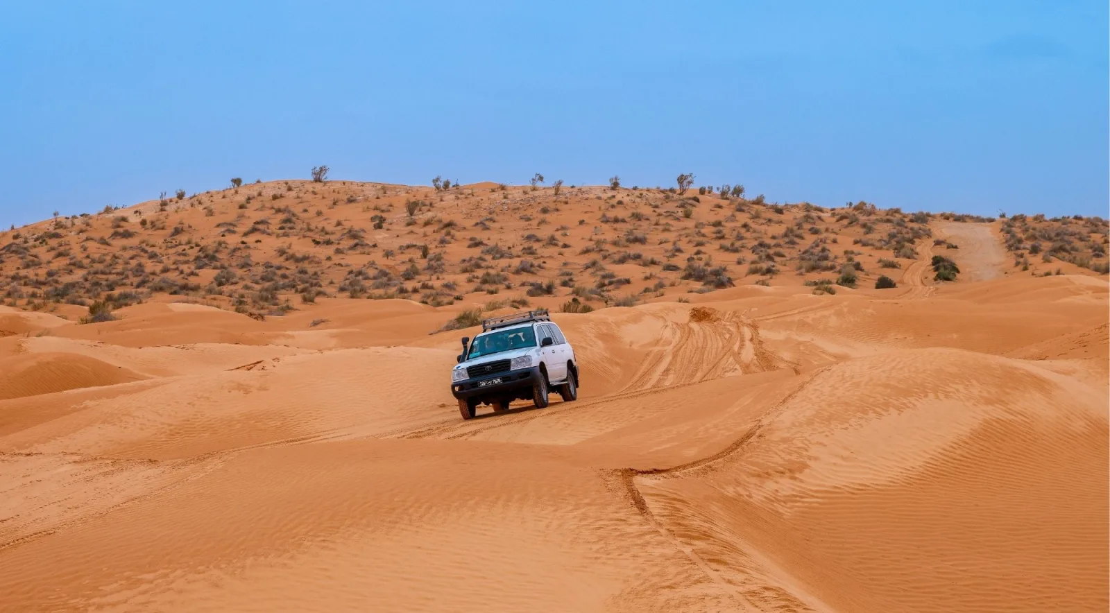 White four-wheel-drive descending a sand dune in the Tunisian Sahara