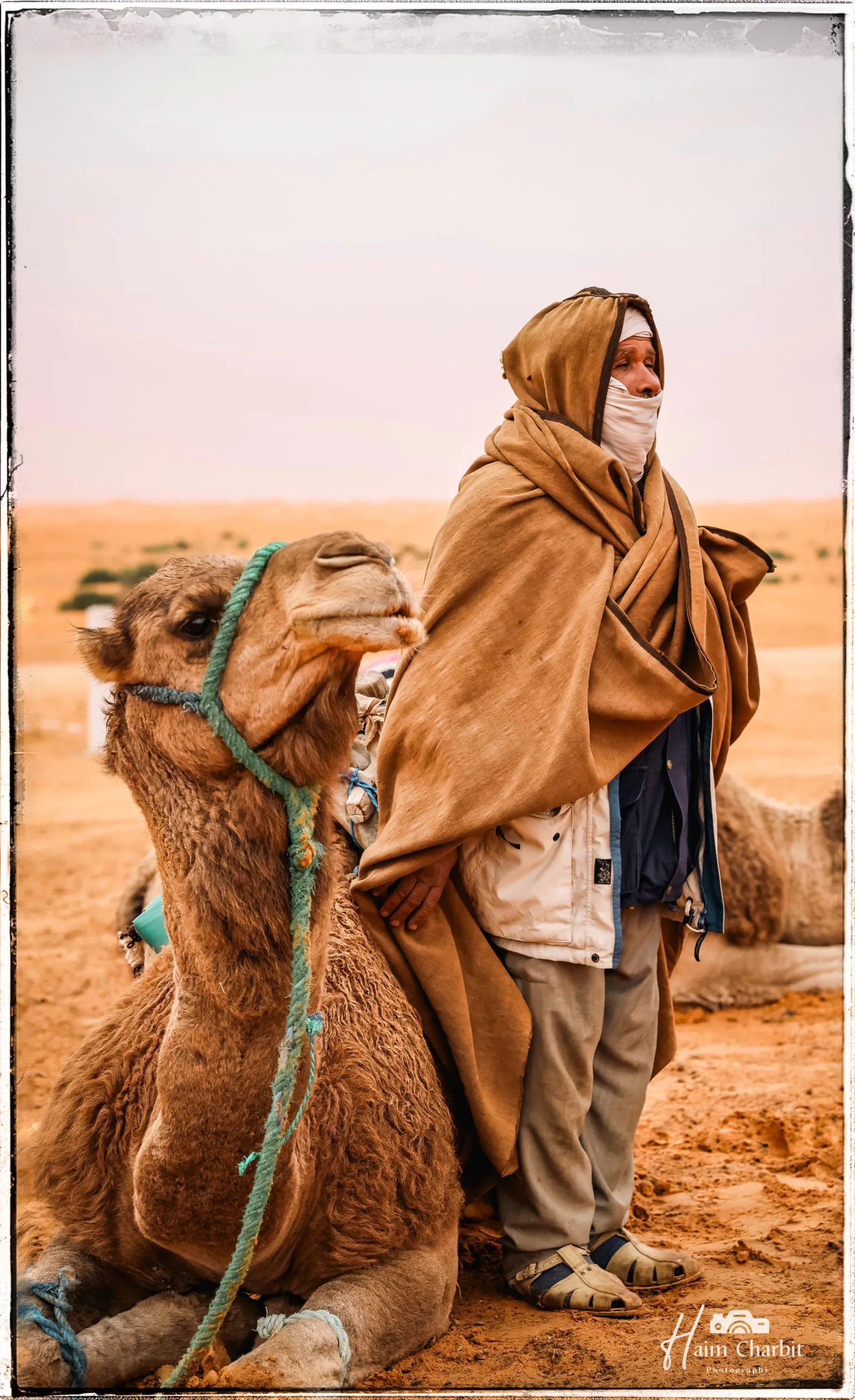 A camel handler in a desert cloak beside his kneeling camel