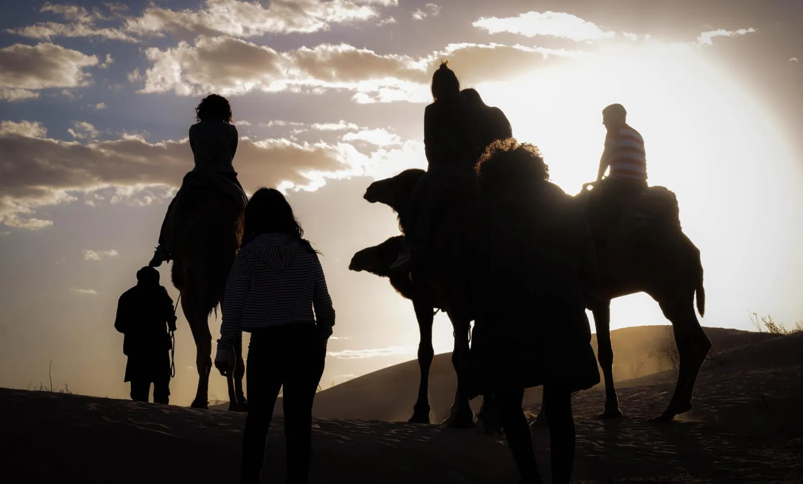 Camel riders silhouetted against the evening sky