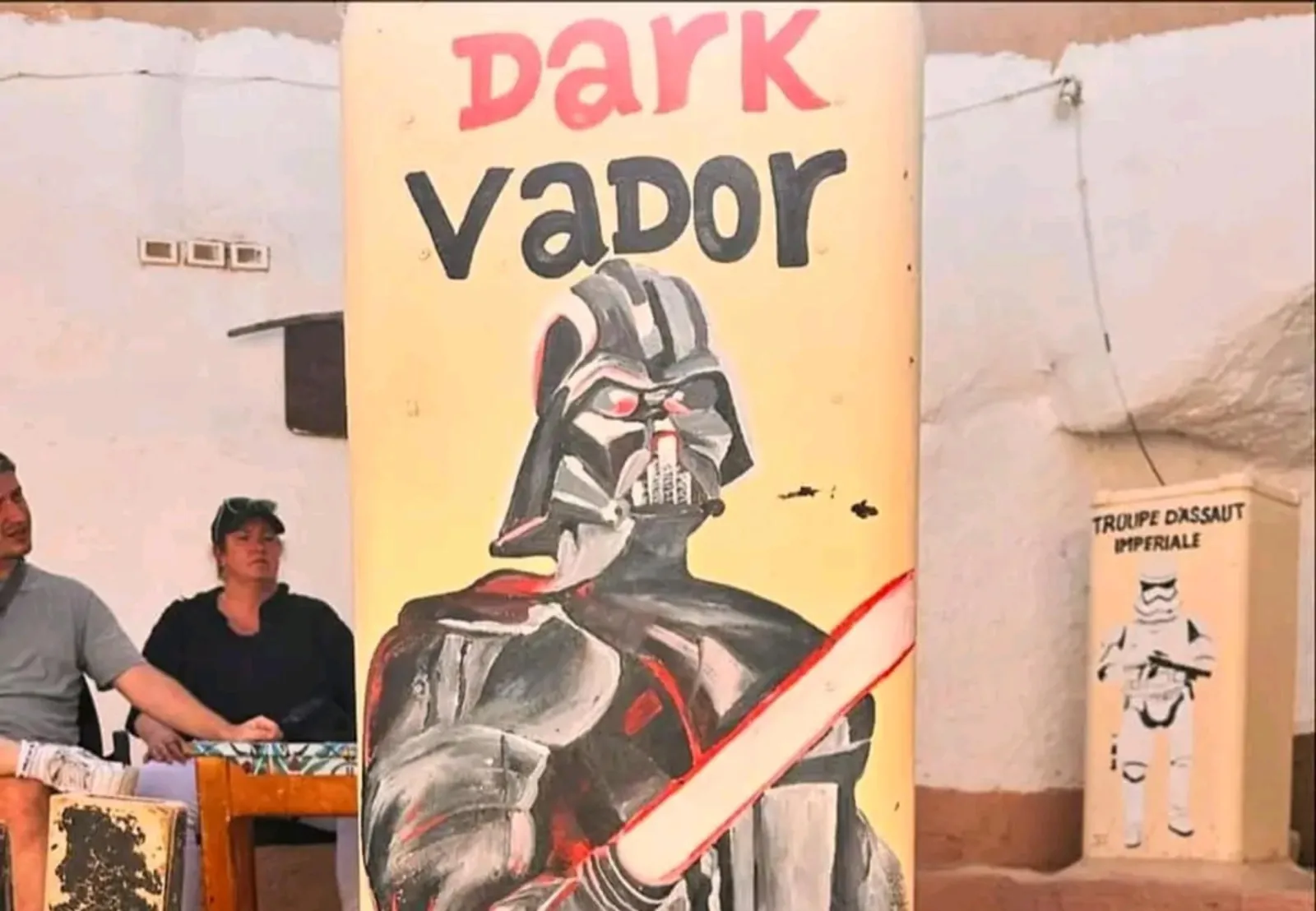 A painted Darth Vader mural at a roadside stop on the Star Wars route